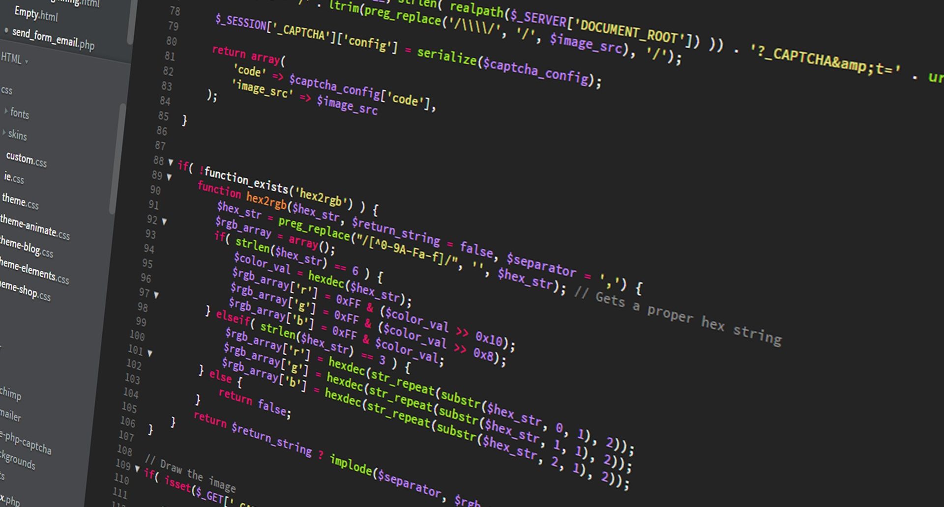 Dark code editor showing PHP functions and hex color conversion